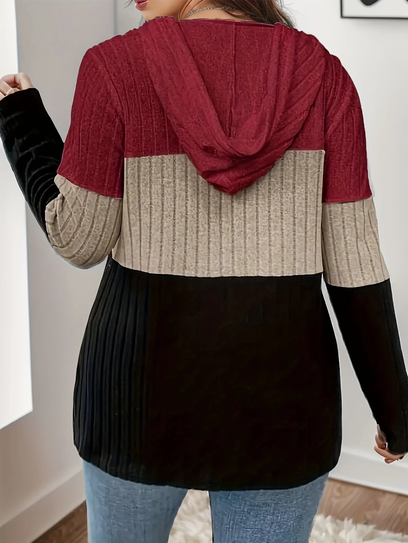 Plus Size Women's Hooded Fashion Knit Ribbed Cardigan Sweatshirt