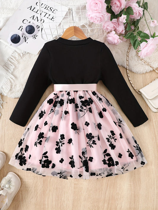Girls Casual Knitted Pit Strip Round Neck Long Sleeve Flower Craft Mesh Dress Holiday Vacation Party Gift with Satin Ribbon