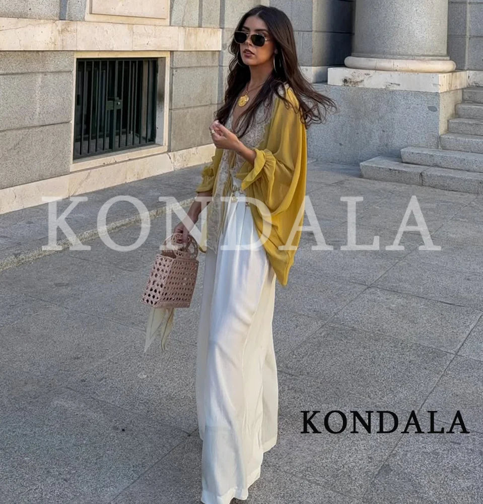 KONDALA Women Trendy Patchwork Lace See-Through Shirts V-Neck Lace-up Blouse New Fashion 2026 Spring Summer Elegant Lady Shirts