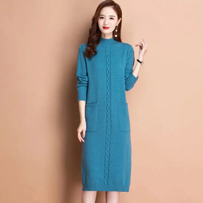 Autumn Winter Women Knit Dress New Long Sleeve Party Midi Dress Ladies Half High Collar Loose Elegant Knitted Sweater Dresses