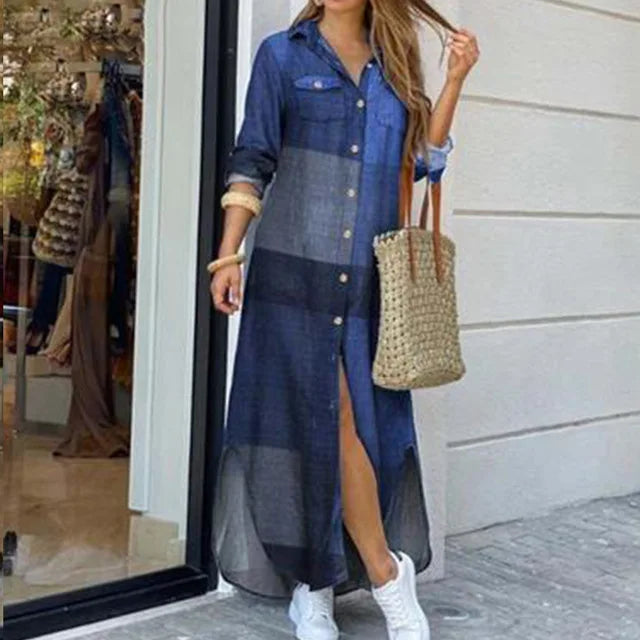 New Autumn Long Dress Long Sleeve Shirt Dress Women Denim Long Dresses Pocket Button Shirt Print Dress Casual Loose Dresses 2023
