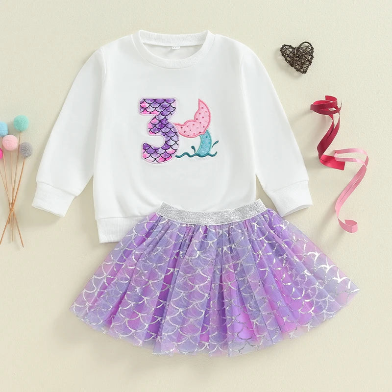 0-7Y Kids Girls Autumn Outfits Long Sleeve Number Embroidered Sweatshirt with Mermaid Tulle Skirts Sets Birthday Clothes