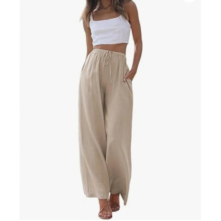 Women's Summer Linen Wide Leg Pants High Waist Elastic Drawstring Casual Loose Palazzo Trousers with Pockets