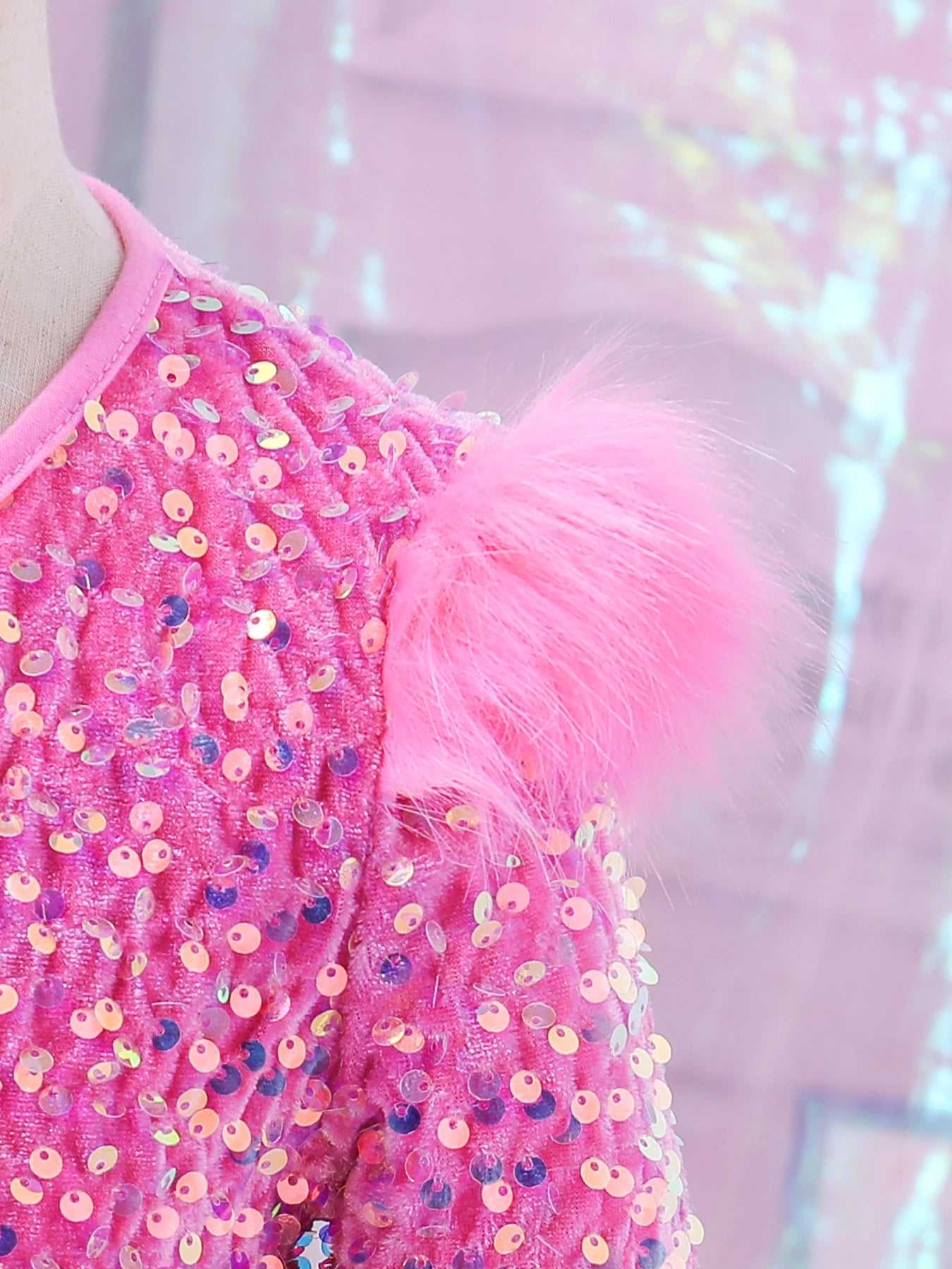 Cute Stylish Girls Pink Sequined Round-Neck Ceremonial Dress Spring Autumn Fashionable Kids' Special Occasion Outfit