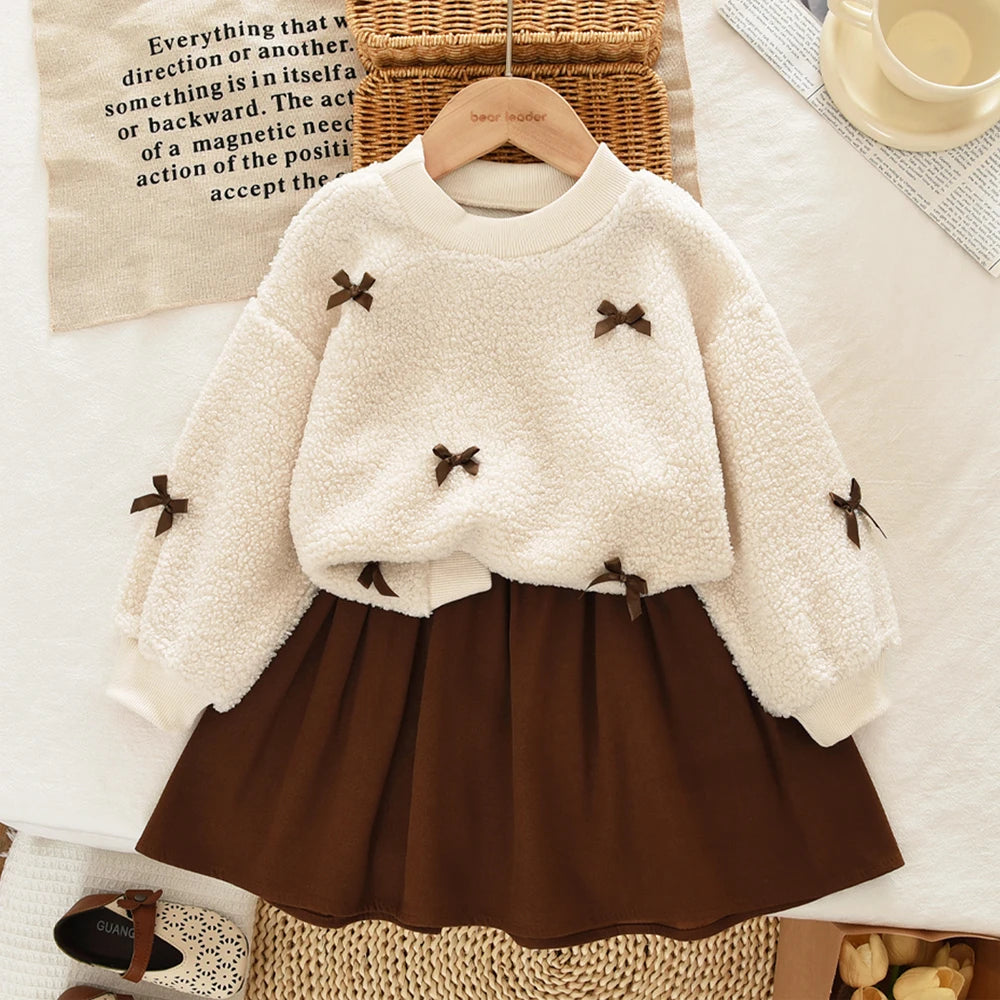 Bear Leader Autumn Winter Korean Version Beige Girls' Set Casual Kids Clothes Bow Fleece Long Sleeved Top + Black Short Skirt