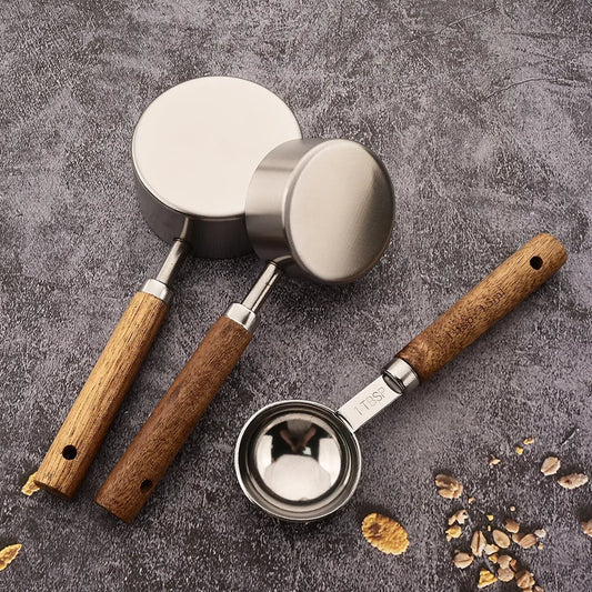 1/4/8pcs Stainless Steel Measuring Spoons With Scale Wooden Handle Household Kitchen Dining Bar Baking Tools Measuring Cups