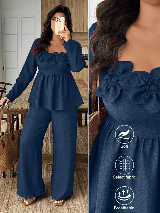 Plus Size 2-Piece Set with Square Neck, Floral Ruffle Top & Wide Leg Pants, Soft Breathable Fabric