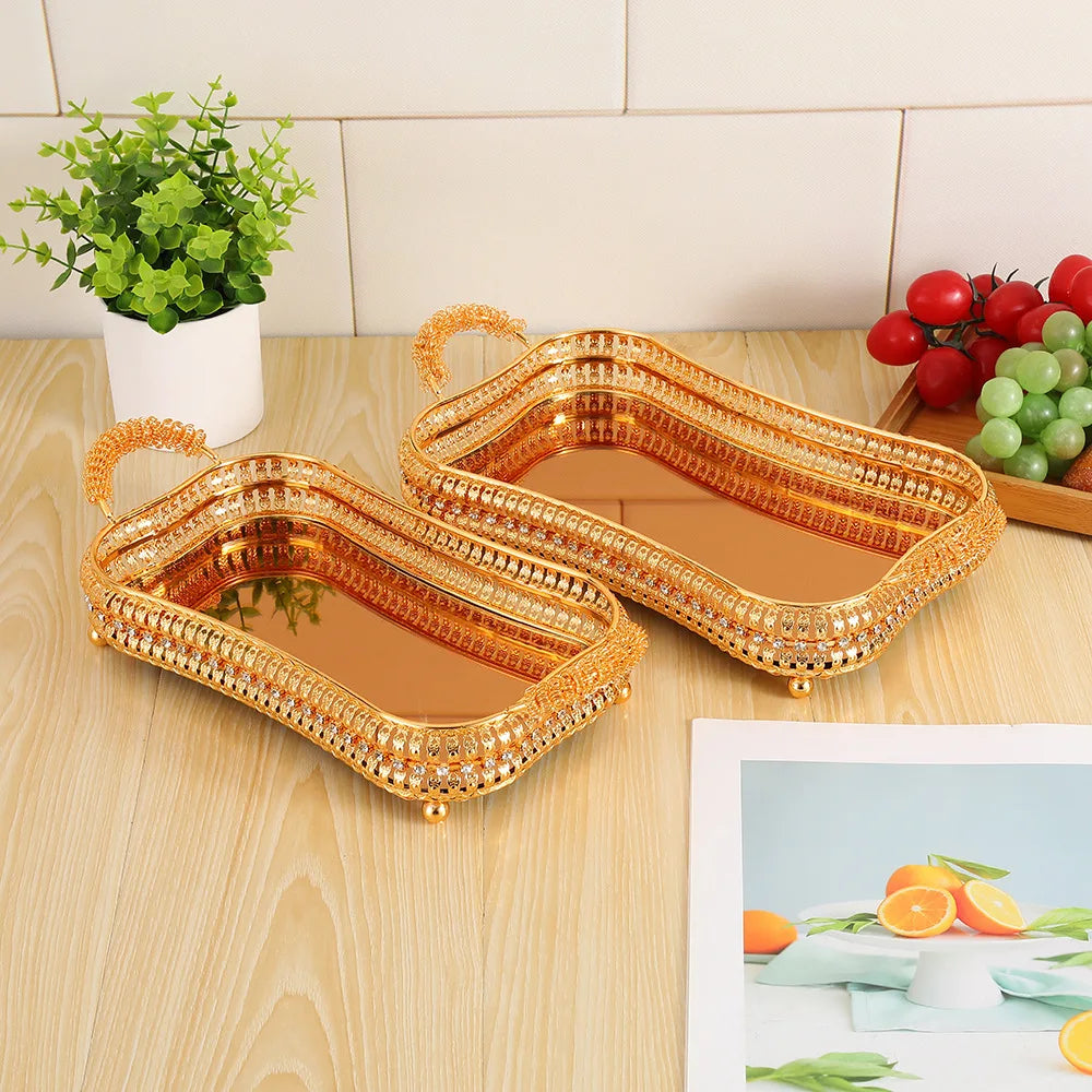 2Pcs European high-end tray gold hollow hotel household fruit plate wrought iron size set snack storage basket