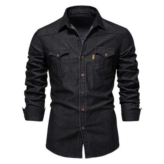 Elastic Cotton Denim Shirt High Quality Men Long Sleeve Solid Color Pocket Shirts for Men Casual Slim Fit Mens Designer Clothing