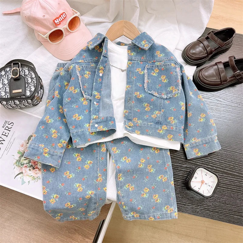 Girls' Clothing Sets 2025 Spring and Autumn New Children's Clothing Cute Denim Jacket Cardigan+ Straight Leg Jeans Kids Suit