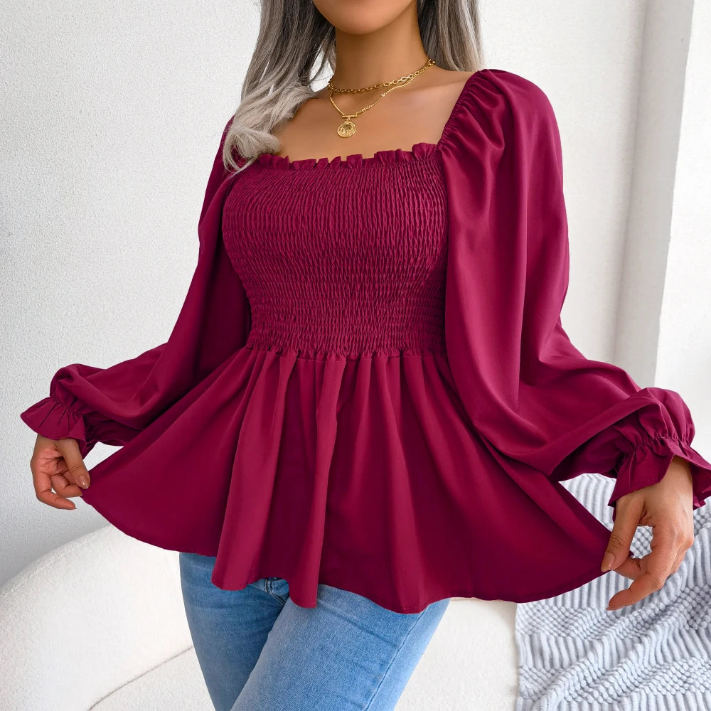 Women Chiffon Blouse 2026 Casual Solid Color Long Sleeve Ruffles Peplum Top White Red Green Blue Black Woman Clothes