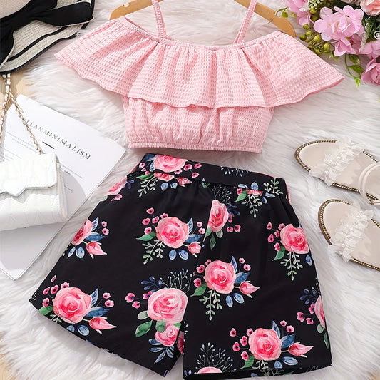 Two Piece Summer Girl Girl Cool Breathable Cute And Sweet One Shoulder Strap Printed Shorts Princess Casual Party Dress Set