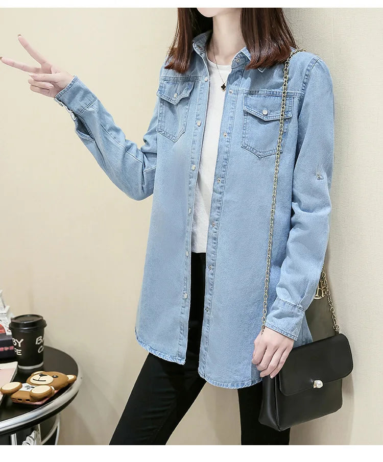 2024 Spring Autumn Denim Shirt Women Fashion Jeans Shirt Cotton Long Sleeve  Slim Blouses Jeans Ladies Lapel Collar