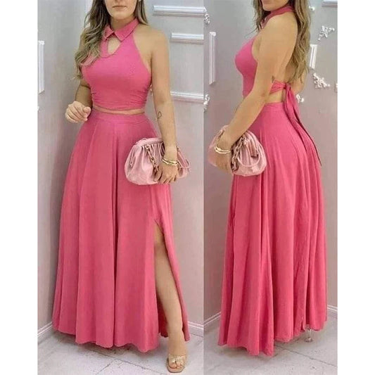 Women's Pink Two Piece Set Halter Collar Crop Top Split Maxi Skirt Ideal for Evening Parties Summer Weddings Chic Outings