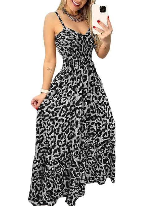 Summer new leopard print camisole V-neck dress high waisted skirt sexy temperament  long skirt women's clothing plus size