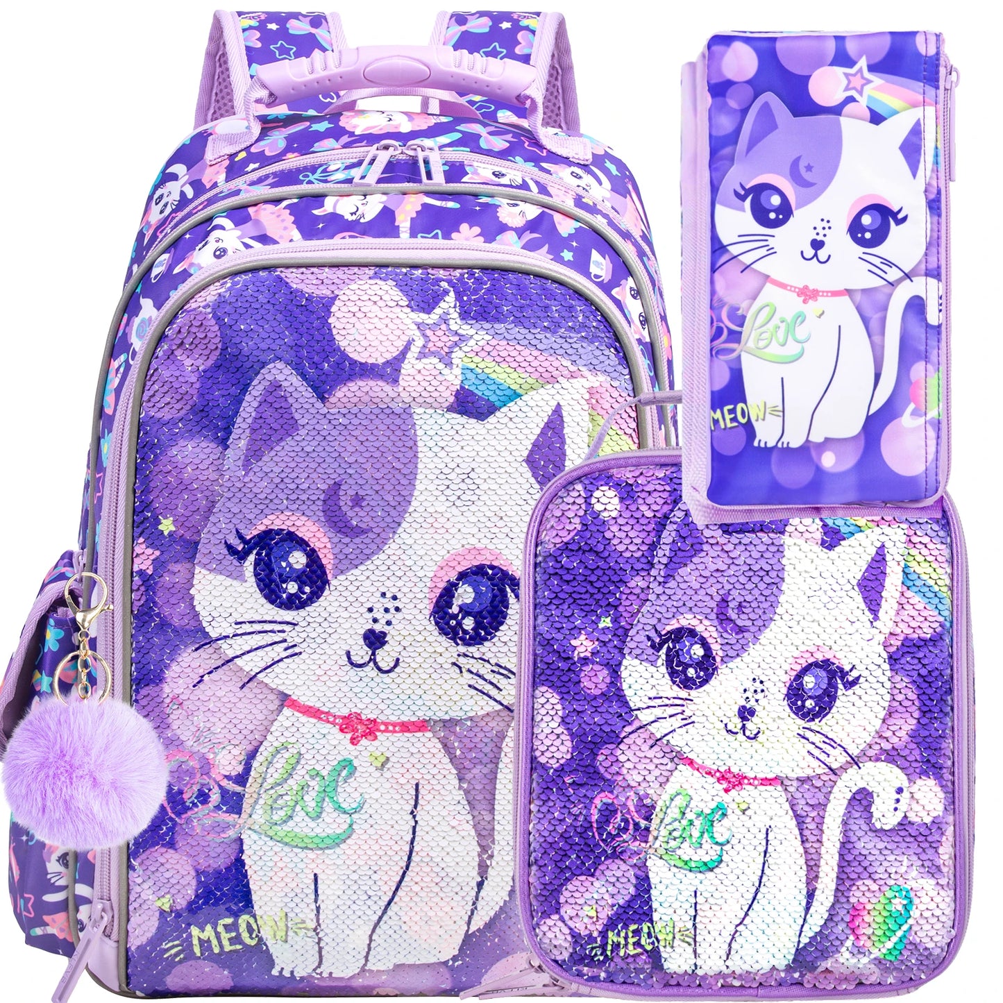 3PCS Girls Backpack, 16”Kids Cat Sequin Bookbag with Lunch Box, Water Resistant School Bag for Elementary Preschool Toddler