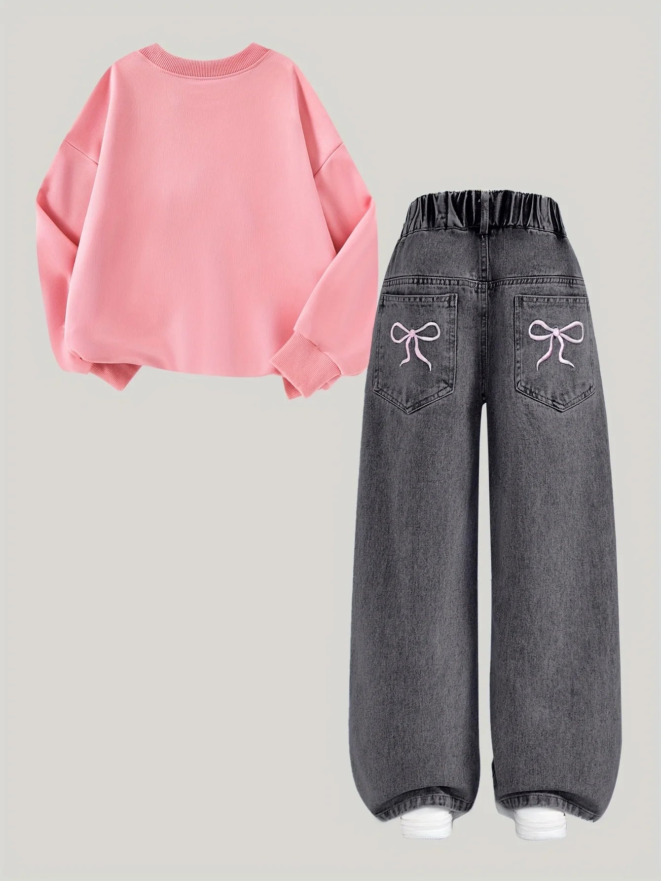 Girls' pink bow-patterned hoodie + black bow-stitched denim straight-leg pants set. Suitable for all seasons.