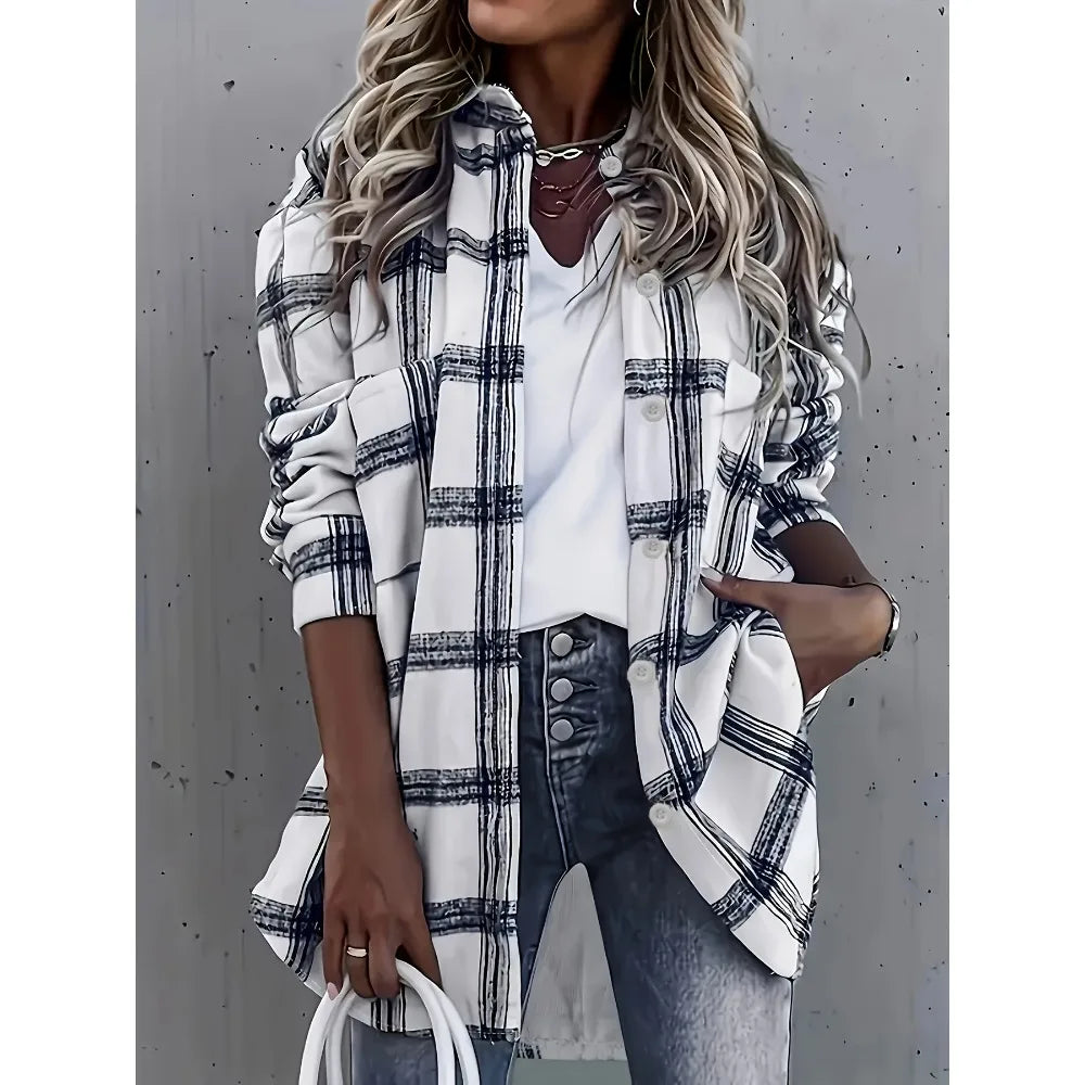 Plus Size Plaid Shirt: Lightweight Artistic Texture Blouse with Notch Collar & Loose Fit Long Sleeves for Office and Casual Wear