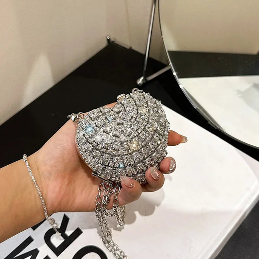 Luxury Mini Diamond Inlay Heart Shape Crystal Clutch Purse Stones Evening Wedding Party Shoulder Bag Handle Rhinestone Handbags