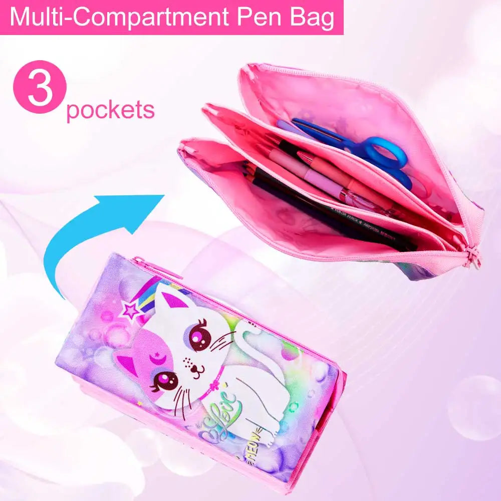 3PCS Girls Backpack, 16”Kids Cat Sequin Bookbag with Lunch Box, Water Resistant School Bag for Elementary Preschool Toddler