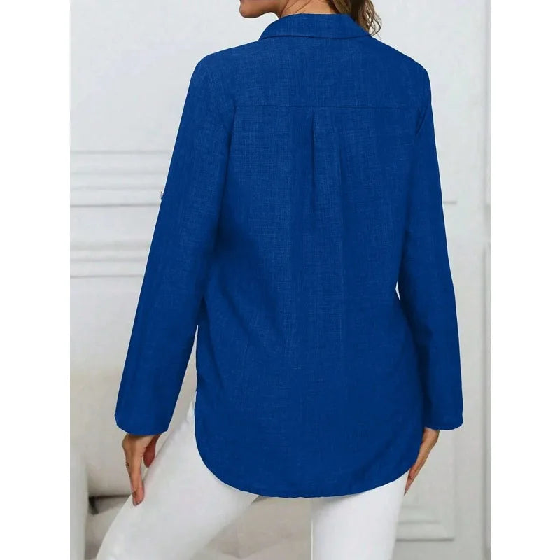 Plus Size 1XL-5XL New Women Casual Long Sleeve Shirt Elegant Solid Lapel Blouse Vintage Tops