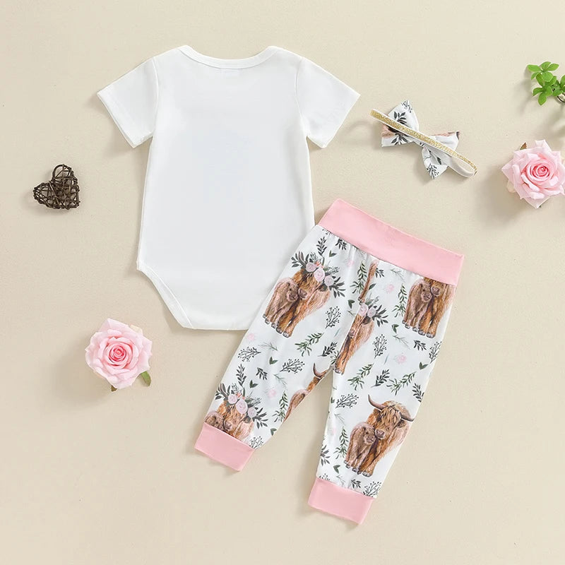 Citgeett Summer Infant Baby Girl Clothes Set Print Short Sleeve Romper Elastic Waist Pants Bow Headband Outfits