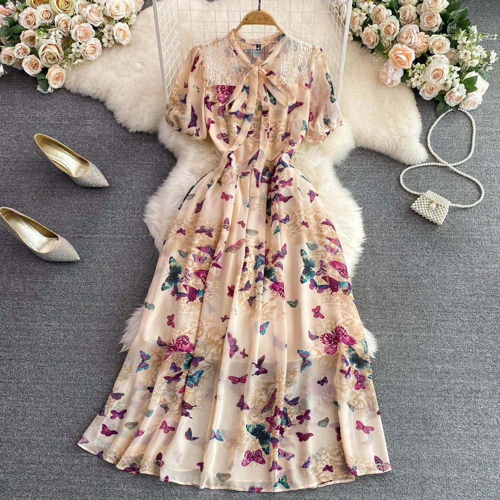 Retro  Knot Bubble Sve ort Dr Slimming A-Line Floral Chiffon Dr Ele Long Skirt High Waist Korean Sle