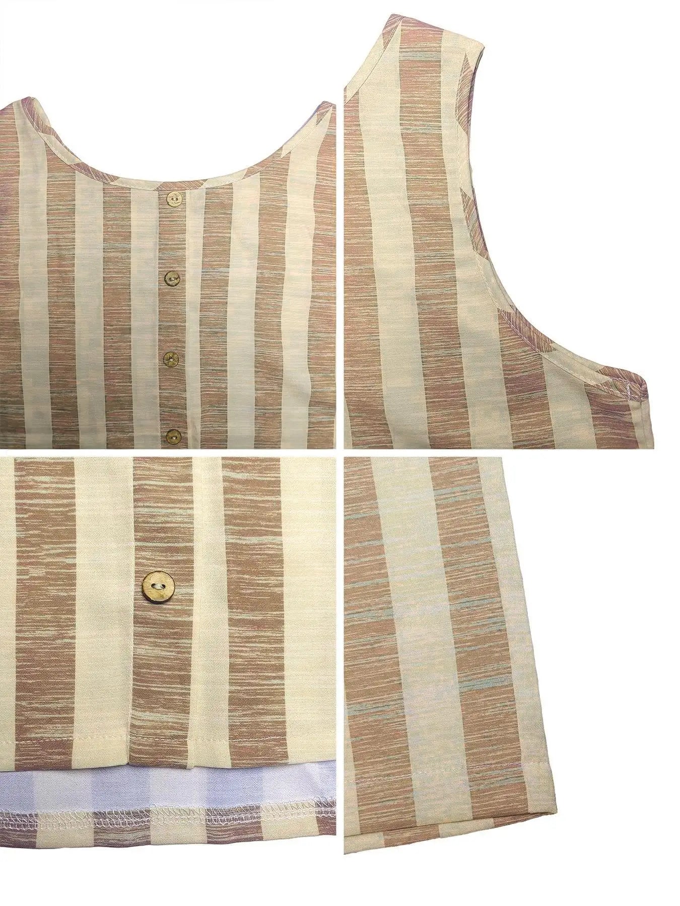 Loose Striped Round Neck Vest And Elastic Wide Leg Pants Two-Piece Set Button Detail Casual Comfortable Outfit