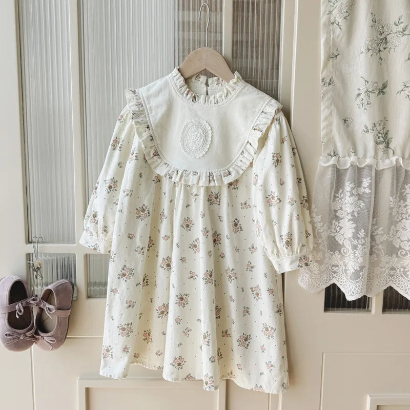 Retro Girls Dress 2025 Autumn New Toddler Kids Girls Cute Print Long-sleeved Sweet Princess Dress