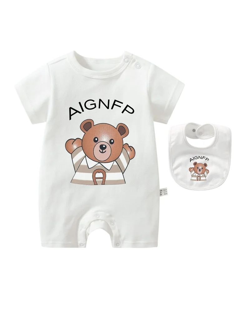 Cute Bear Romper Newborns Clothes 2025 Summer Hot Sale New Toddler Boys Jumpsuit %100 Cotton Soft Bib scarf 2Pcs Set Baby Romper