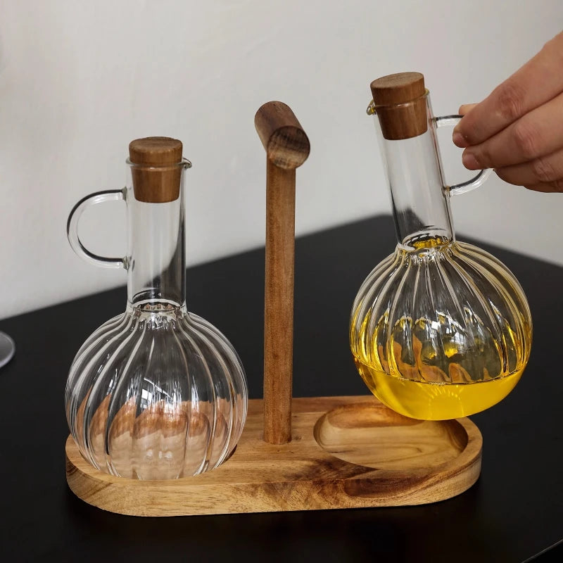 Glass Oil Pan Kitchen Household Wooden Lidseasoning Bottle Storage Rack High-temperatureresistant Storagetanksoysauce Bottle Set
