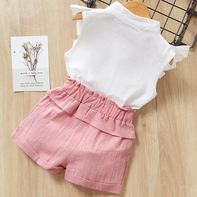 Bear Leader Kids Clothes Girls Summer Embroidered Flower Flying Sleeve Top+Bow Elastic Shorts Set White Shirt Set
