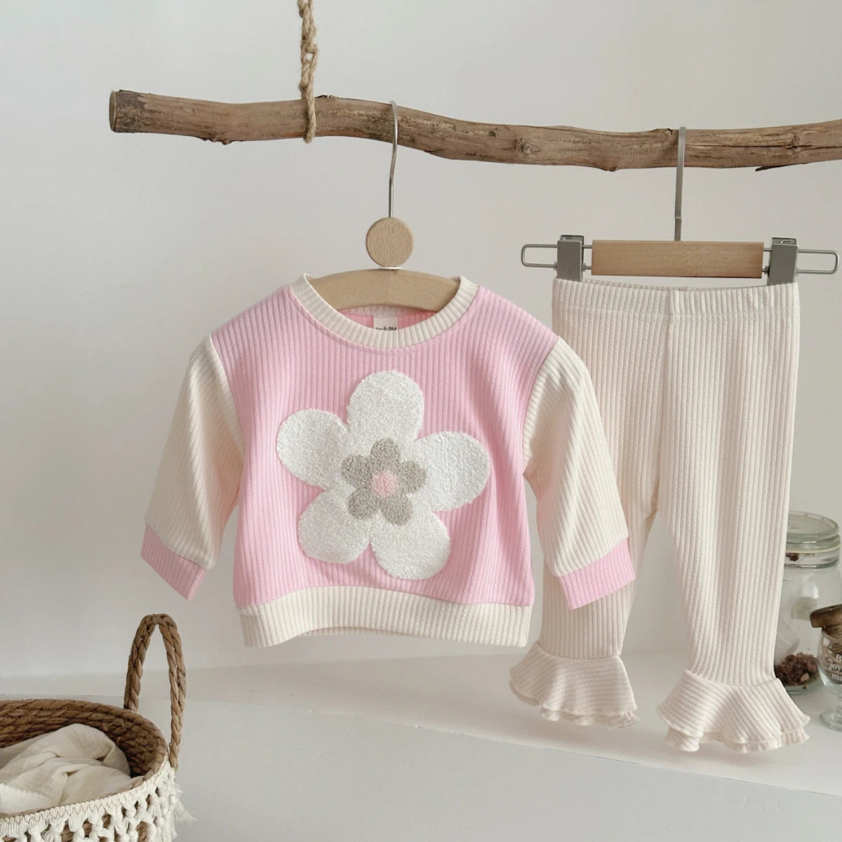 Baby Boys Girls Spring Autumn Clothes Set Cartoon Pink Flower Patch Embroidered Korean Style Tracksuit Tops Bell Bottom Pants