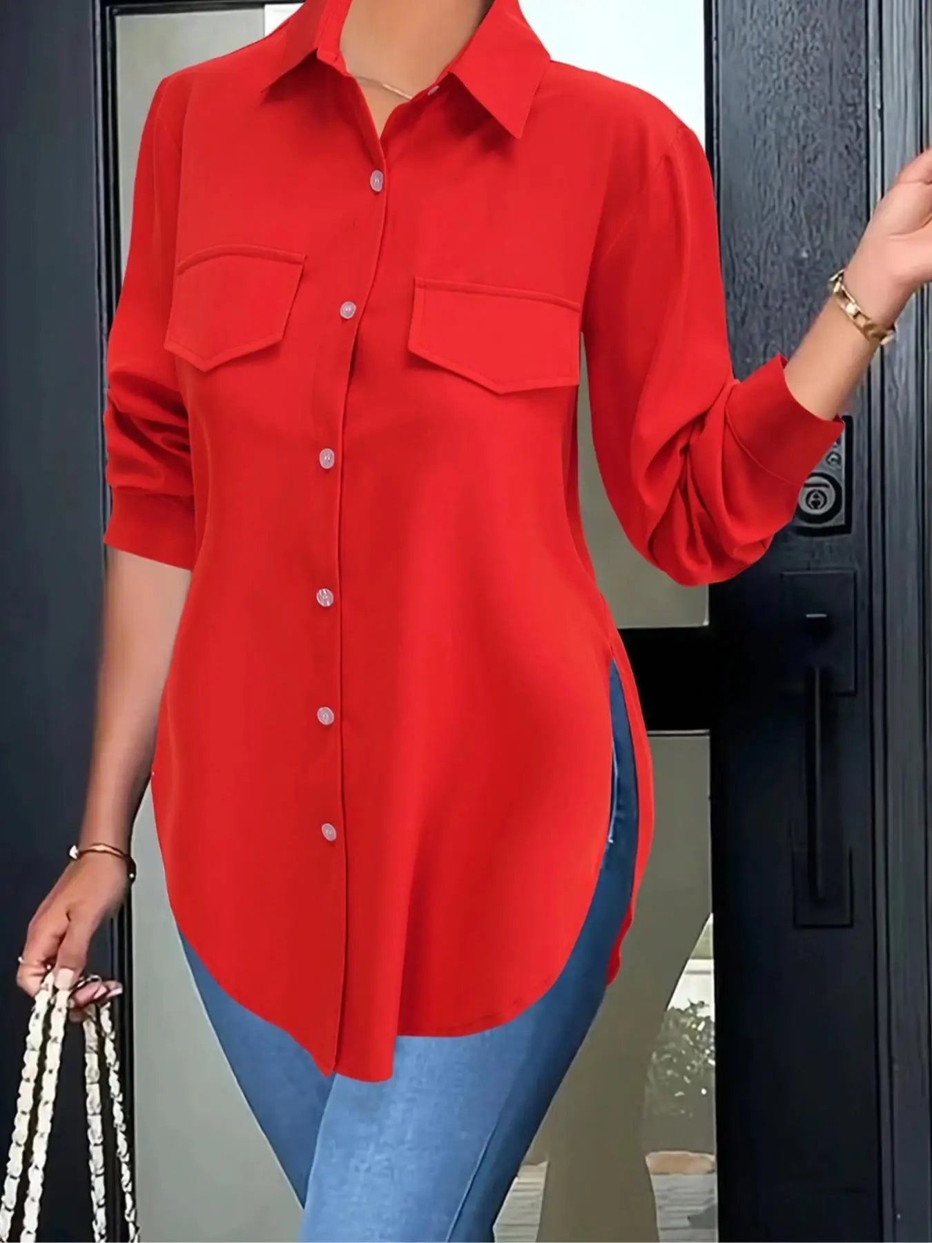 Plus Size  Women's Women's Autumn Fashion Solid Color Single Breasted Lapel Split Long Sleeved Shirt