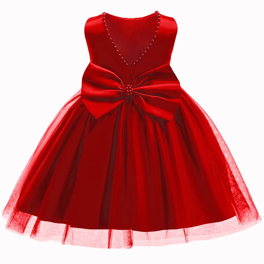New Year Gift Kids Bowknot Flower Elegant Baptism Princess Dress Pageant Birthday Party Wedding Gown Baby Girl Christmas Dress