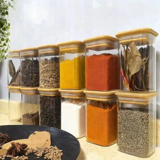 1/4/6/8/12Pcs - Square Food Storage Containers, Kitchen Spice Glass Jars, Transparent Glass Jar Set, Square Wide-Mouth Glass Storage Containers, Glass Airtight Jars, Coffee Bean Storage Containers, for Kitchen Spices, Grains,