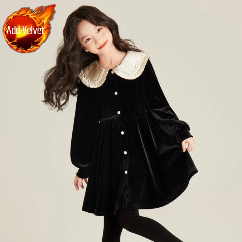 Girls' Autumn/Winter High-end Fleece-lined Velvet Elegant Black Princess Gown Dress - 4-12 Years Old