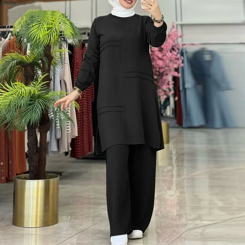 Muslim Women Long Tops Blouse Islamic Sets Women Muslim Pants Ramadan Prayer Clothes 2 Piece Set Abayas for Women Dubai