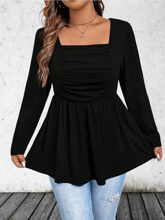Spring and Autumn Plus Size 1XL-5XL Women T-shirt Square Neck Cute Pleated Long Sleeved Top Casual Commuting Outfit