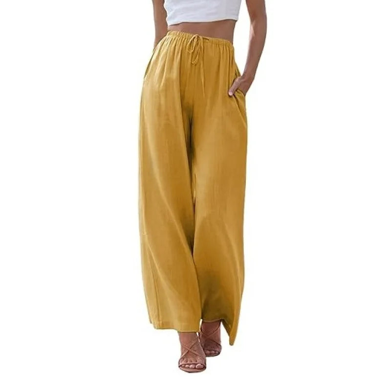 Women's Summer Linen Wide Leg Pants High Waist Elastic Drawstring Casual Loose Palazzo Trousers with Pockets