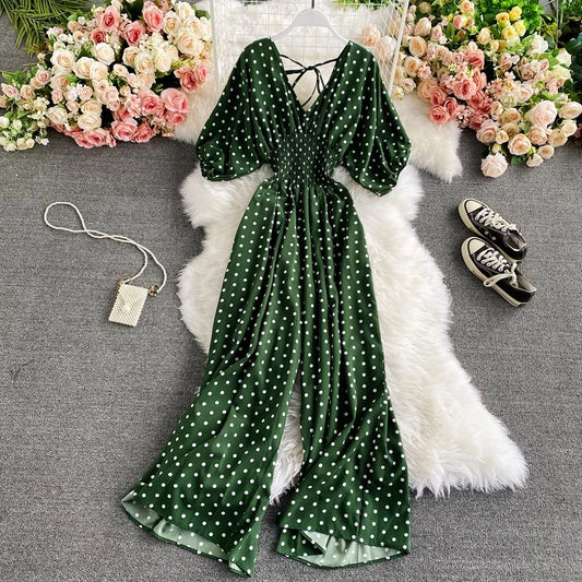 V Neck Sexy Dolman Sleeves Waist Slim Polka Dot Print Jumpsuit Women Wide Leg Trousers Jumpsuit