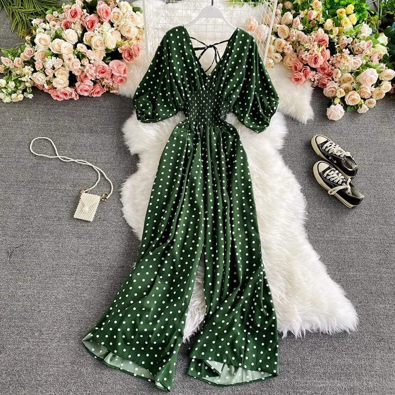 Women Wide Leg Trousers Jumpsuit V Neck Sexy Dolman Sleeves Waist Slim Polka Dot Print Jumpsuit