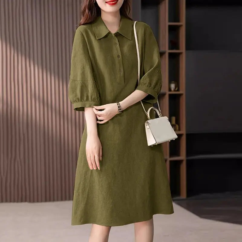 Women Cotton Shirt Dress 2024 Summer Lapel Neck Dresses Korean Office 3/4 Sleeve Midi Vestidos Elegant Solid Buttons Robe