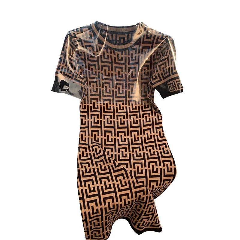 Summer Slimming Ice Silk Knitted Dress French Style Waist Cinched Short Sleeve Embroidered Knee Length Women's Fashion