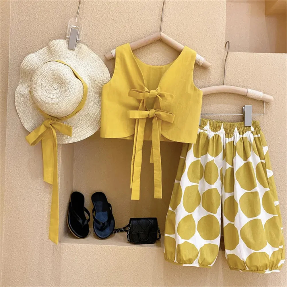 Bear Leader 2025 Korean Fashion Pastoral Backless Suit Thin Pullover Girl's Vest Top Polka Dot Knickerbockers Three Piece Cotton