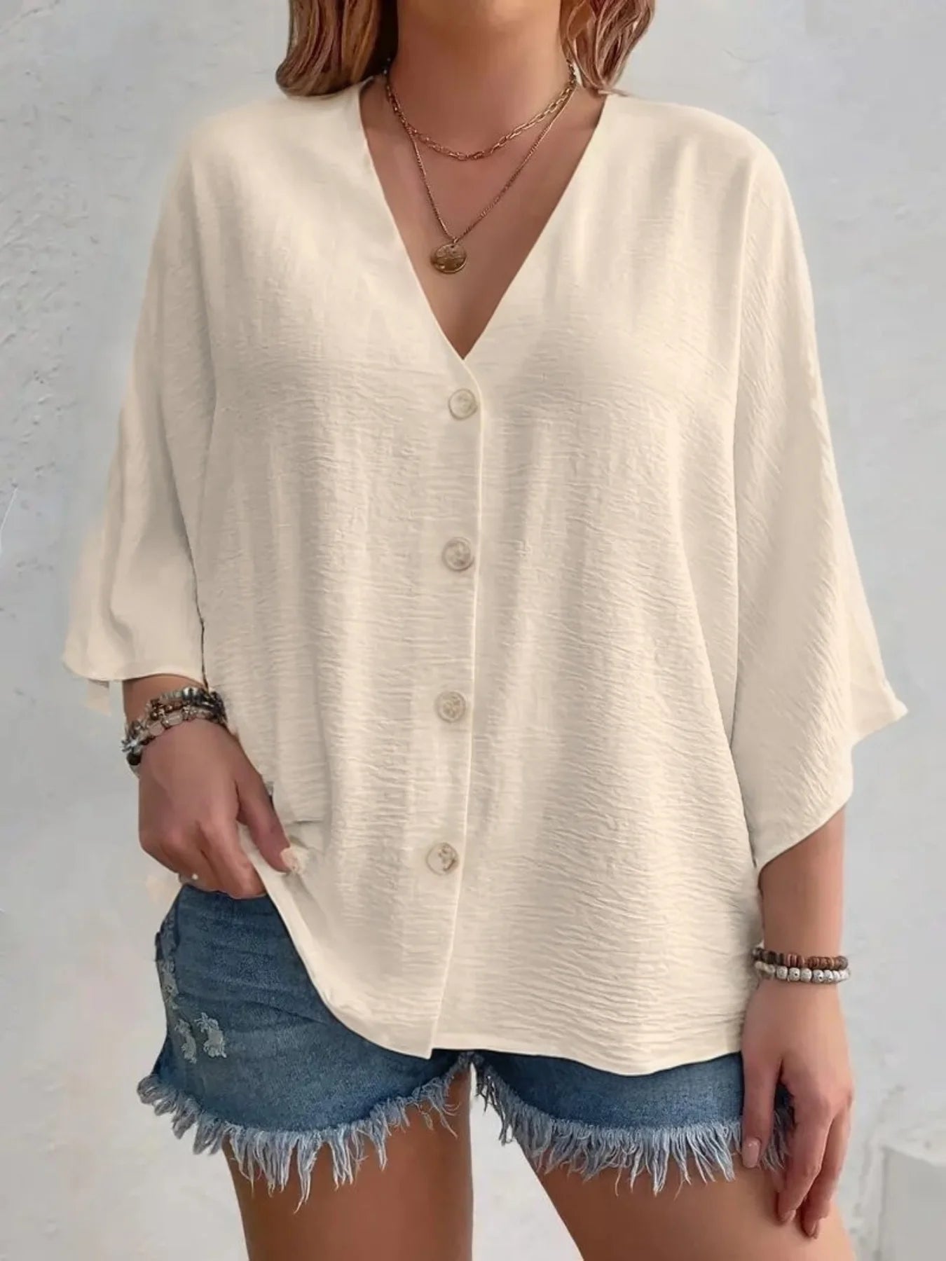 Plus Size 2025 New Fashion Women's Tops Loose V-Neck Long Sleeve T-Shirt Spring Summer Elegant Solid Color Casual Blouse