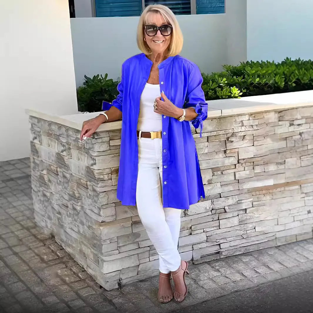 Single-button Turn-collar Elegant Commute Cardigan Shirts Solid Color Long-sleeve Cotton Shirt Slim Fit Blouses