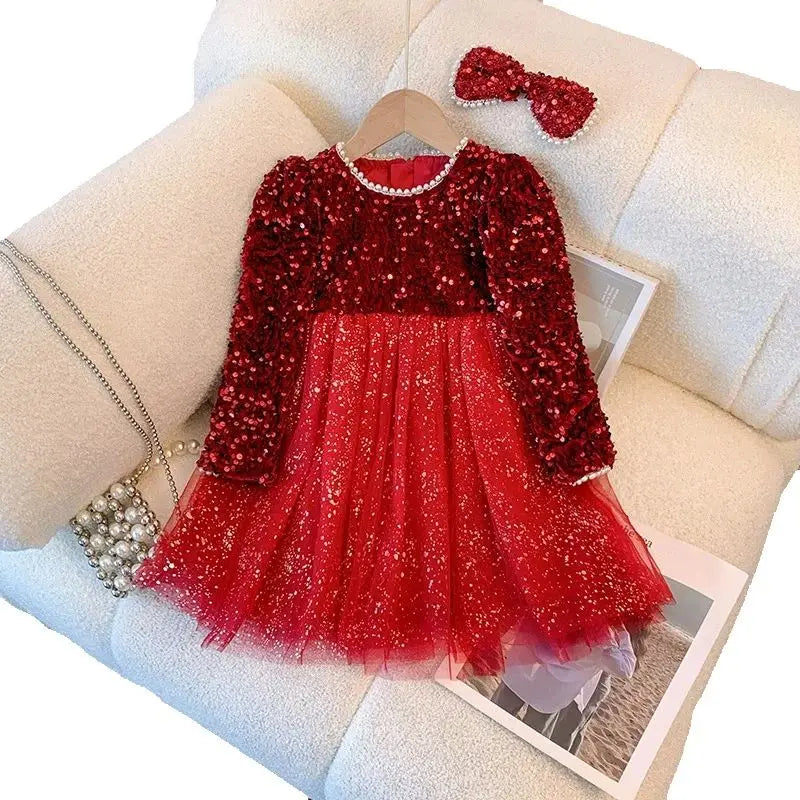 Girls Sequins Dress Spring Autumn Princess Gown Children Wedding Birthday Party Tulle Vestidos New Kids Fashion Clothing 3-8Y