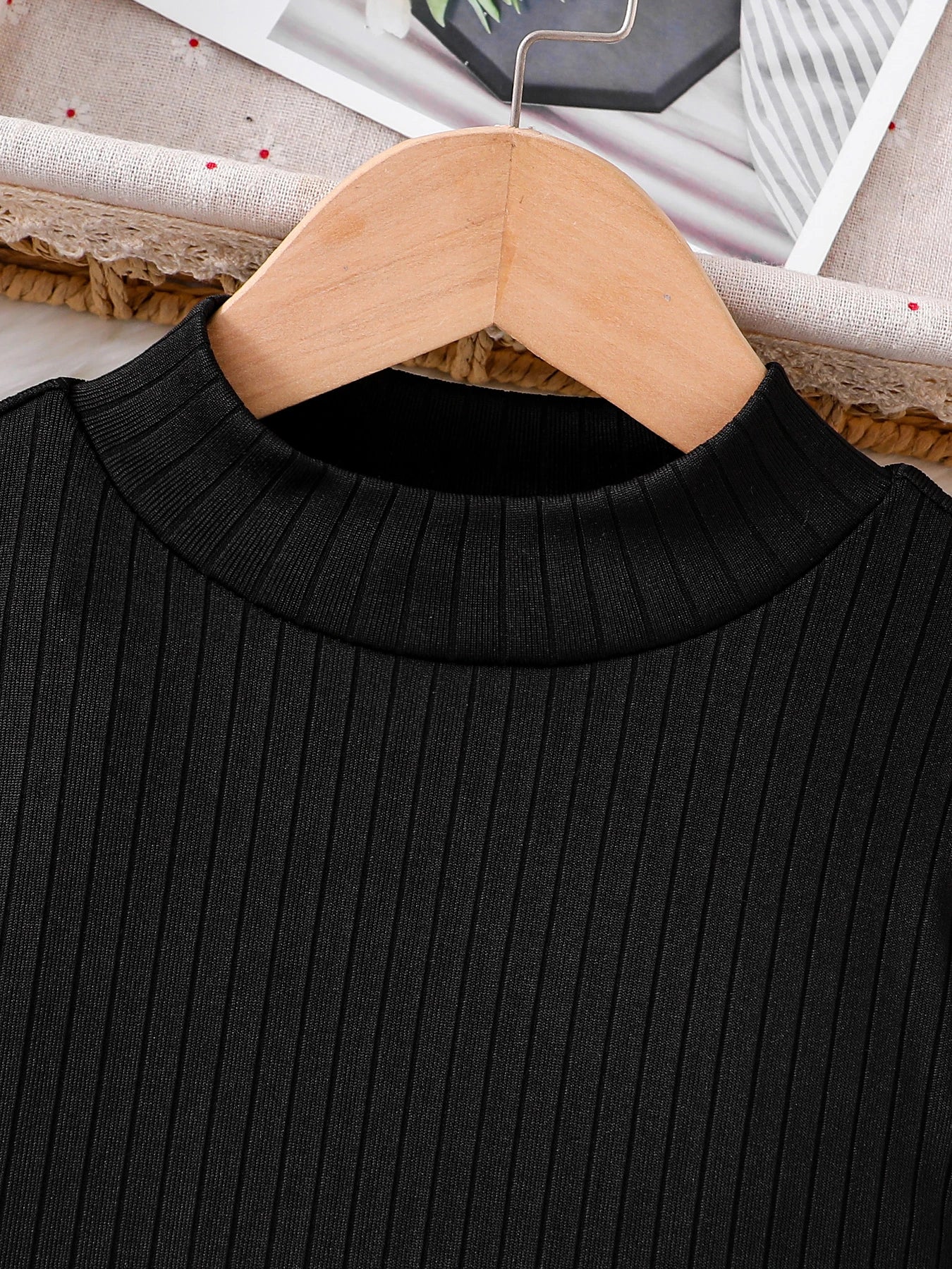 Kids fashion Fall Set 2 piece girls black high neck layered petal sleeve long sleeve top + A-line skirt