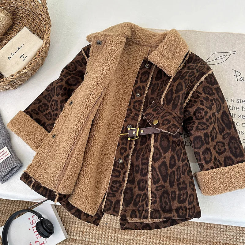 Winter Girl Leopard Coat Dress Casual Cute Princess Designed Children Birthday Clothes Kids 1-10Ys Warm New Year Fashion Outfit